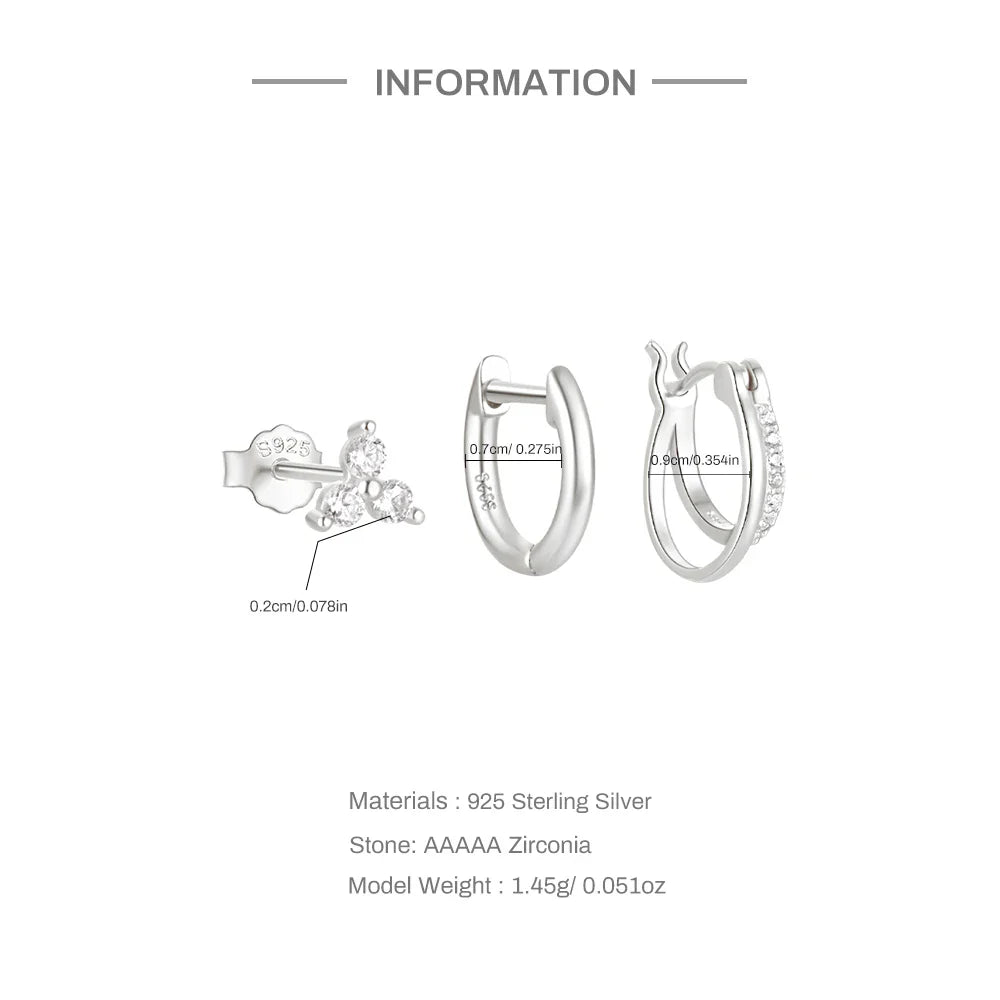 Aide 3pcs Set 925 Sterling Silver Double Gold Hoop Mini Zircon Stud Earrings For Women Hypoallergic Elegant INS Piercing Jewelry