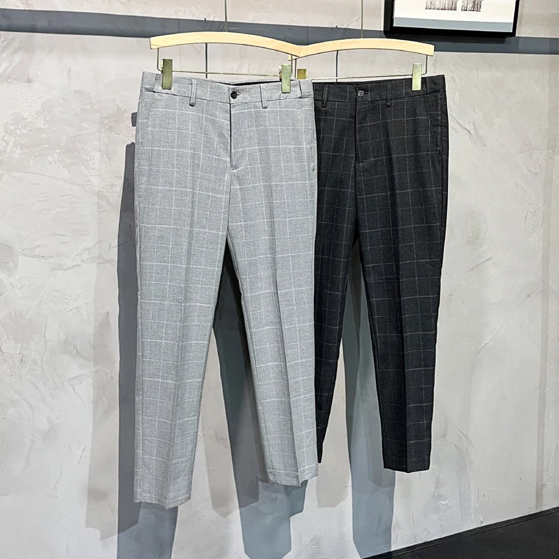 Plaid Suit Pants Men Summer Thin Casual Trousers  Ankle Length Business Formal Dress