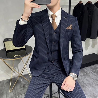 ( Blazer+Vest+Pants ) Brand Striped Men's Casual Business Suit 3Pcs Set Groom's Wedding Slim Suit Male Jacket Waistcoat Trousers