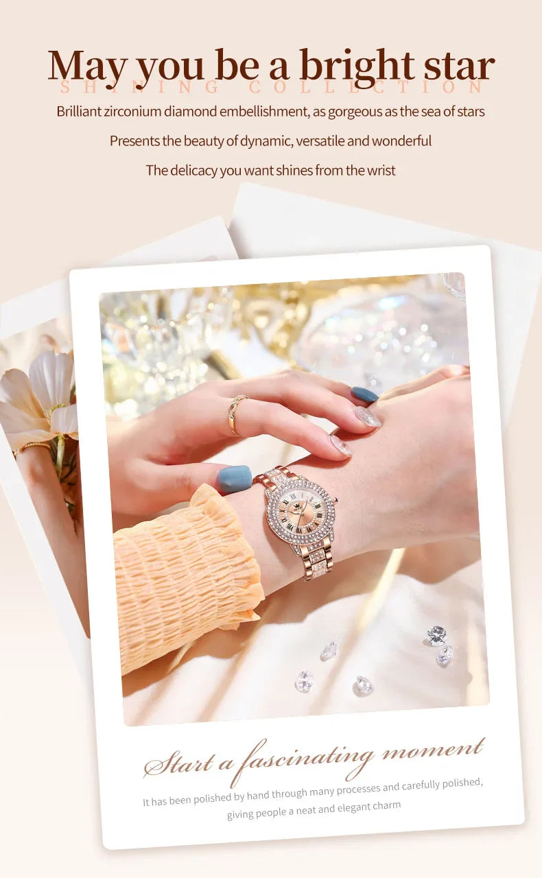 OLEVS 9943 Luxury All Diamond Original Quartz Watch for Women Elegant Rose Gold Stainless Steel Waterproof Ladies Wrist Watches