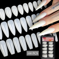 100Pcs/box Quick Extension Full Cover Fake Nails Clear White Water Drop Coffin False Nails Tips Finger Extension Nail Art Mold