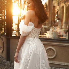 Elegant A-Line White Wedding Dresses Off The Shoulder Appliques Split