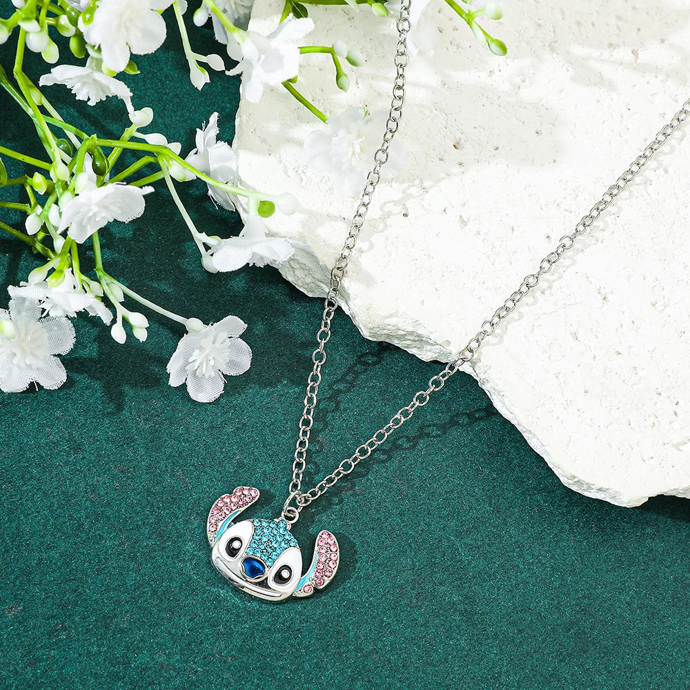Disney Stitch Cartoon Pendant Necklace Cute Filled Rhinestones Jewelry Personality Sweater Chain Gift for Fashion Lovers