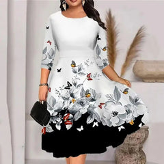 Women Dress Summer O-neck 3/4 Sleeve Midi Dress Plus Size Butterflies Printing