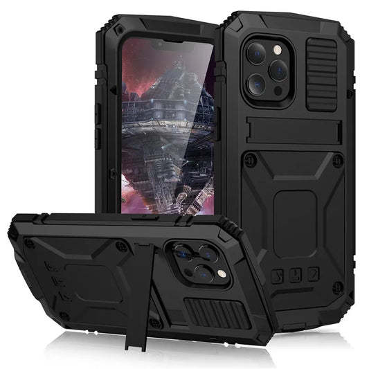 Full-Body Rugged Armor Shockproof Protective Case for iPhone 14 13 12 11 Pro Max Mini 14 Plus Kickstand Aluminum Metal Cover