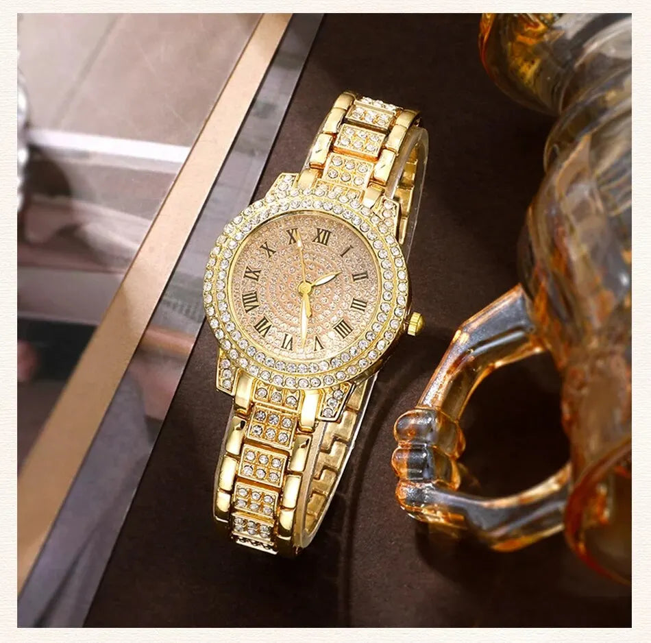 Golden Watch Women Ring Necklace Earrings Rhinestone Fashion Wristwatch Female Casual Ladies Watches Bracelet Set Clock