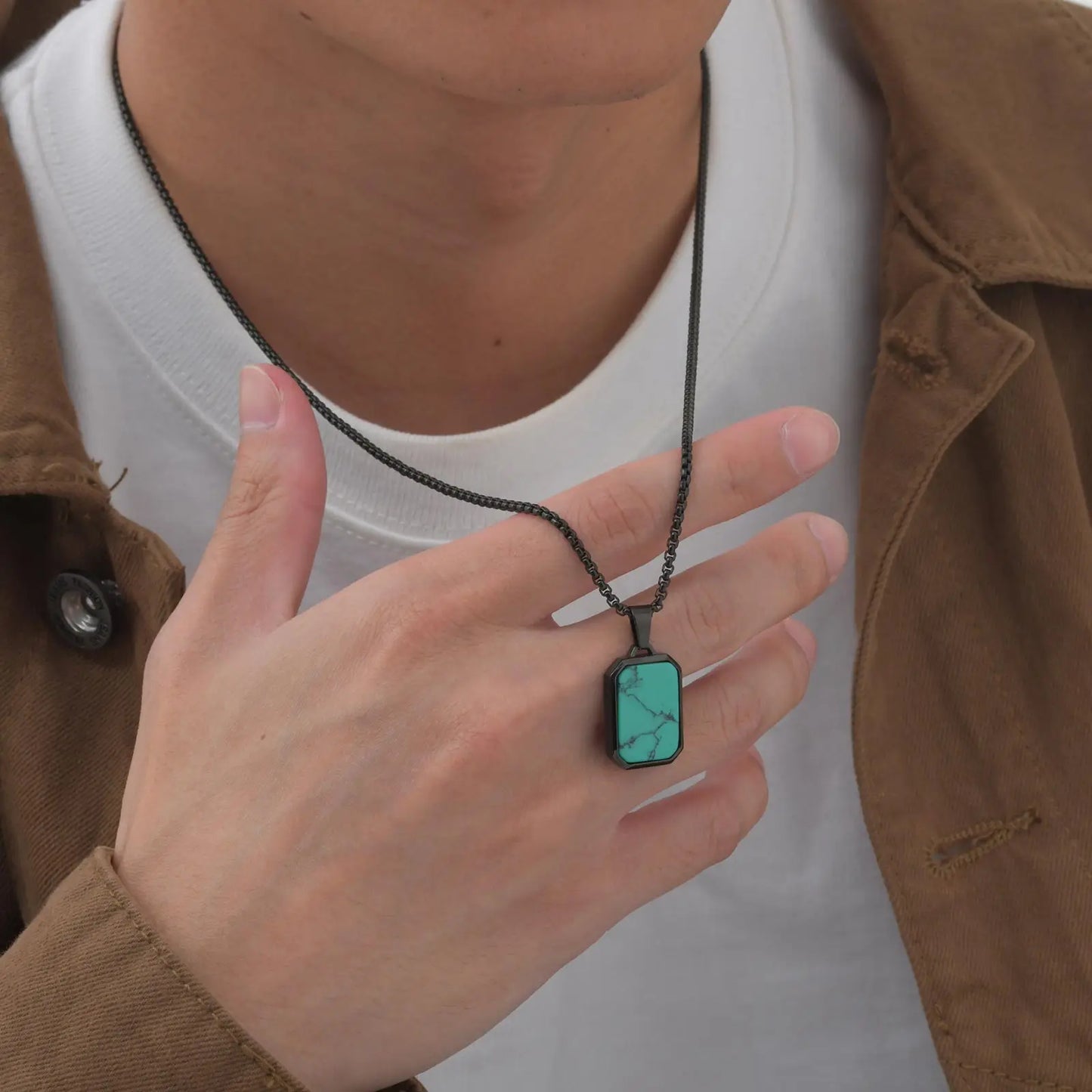 Trendy Pendant Necklaces for Men Boys,Square Natural Stone Stainless Steel Necklaces,Hip Hop Cool Healing Jewelry Gifts