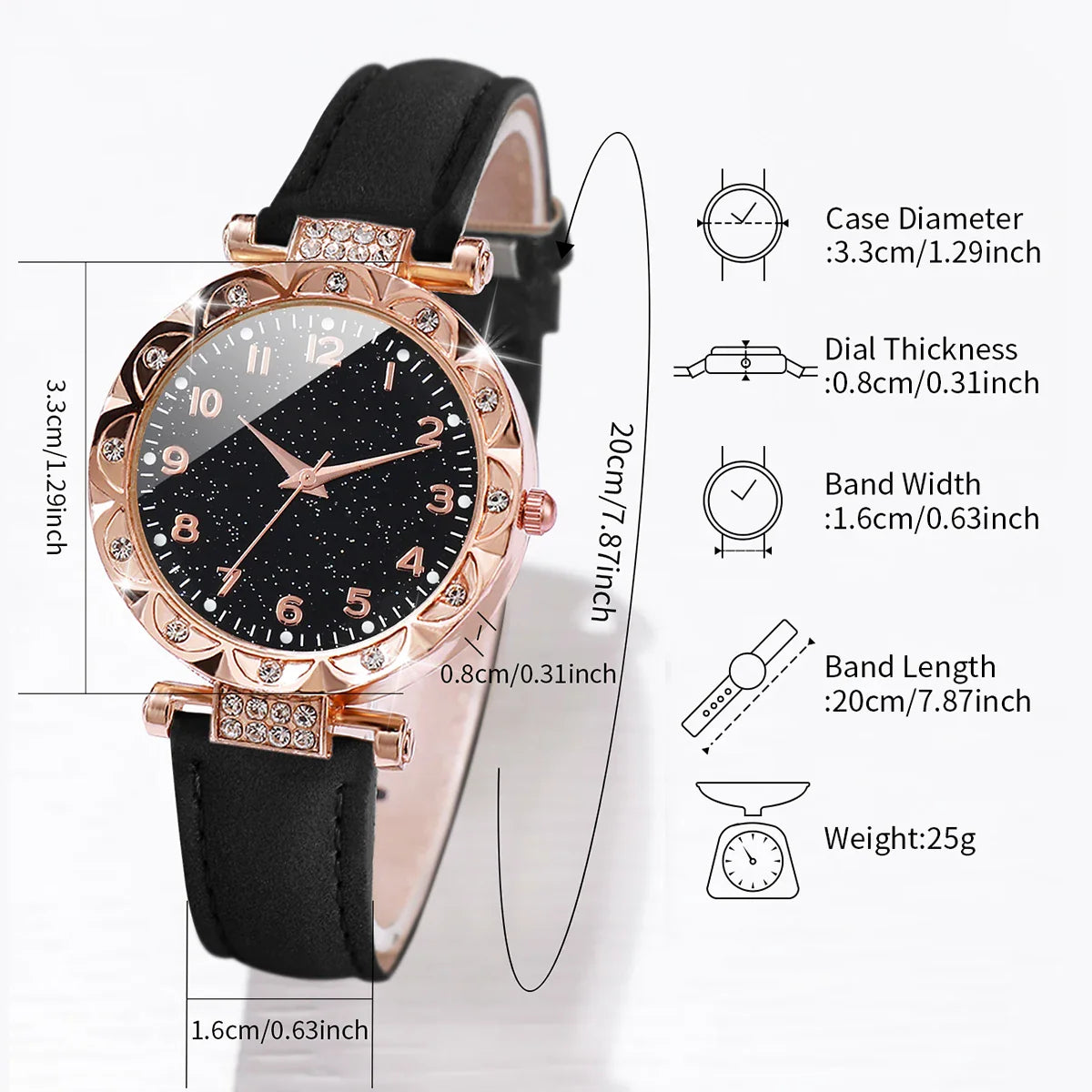 3PCS/Set Fashion Rhinestone Women's Watch Casual Leather Band Analog Quartz Watches Bracelets Set