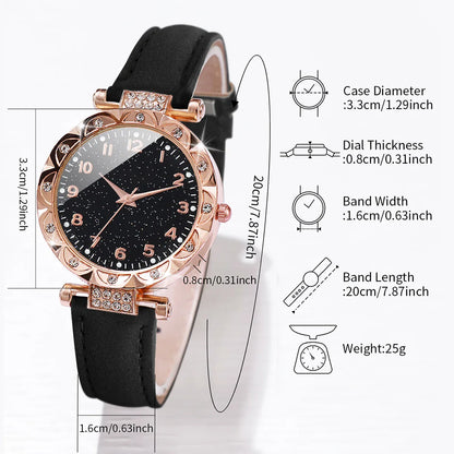 3PCS/Set Fashion Rhinestone Women's Watch Casual Leather Band Analog Quartz Watches Bracelets Set