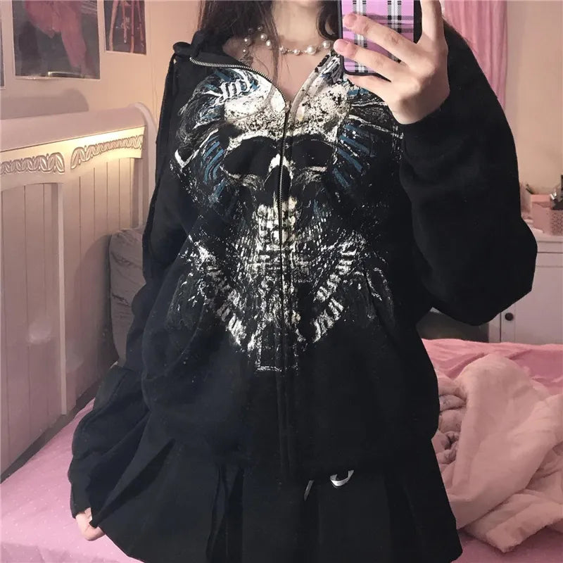 Sweatshirt Women Fairy Grunge Skull Print Long Sleeve Hooded Tops Coats