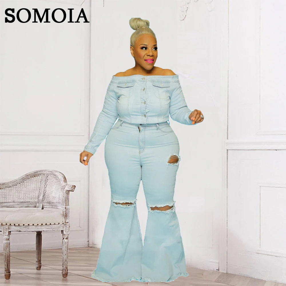 Plus Size Women Clothing Streetwear Cowboy Ripped Flared Pants High Waist Jeans