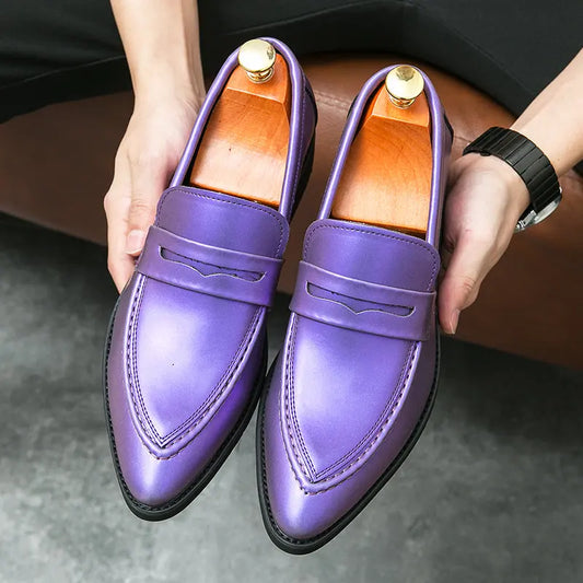 Fashion Purple Glitter Men's Dress Shoes Leather Pointed Slip-on Men Wedding Shoes Elegant Comfortable Non-slip Formal Shoes Men
