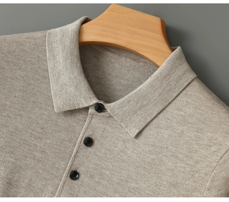 Spring Autumn Men Shirt  Merino Worsted Wool Knitted Pullover Long Sleeve Polo-Collar Clothing Tops Smart Casual Thin Outerwears