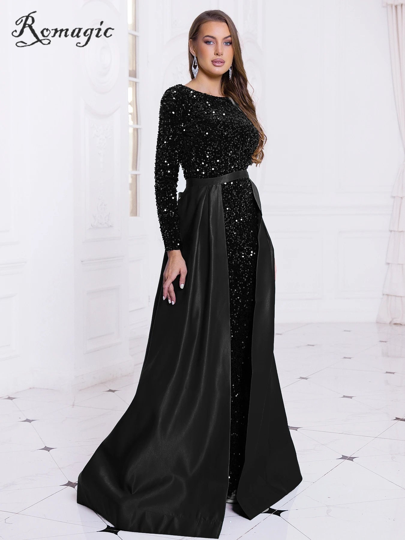 Homecoming Dresses: Modest Stretch Sequin Full Sleeve Evening Party Gown