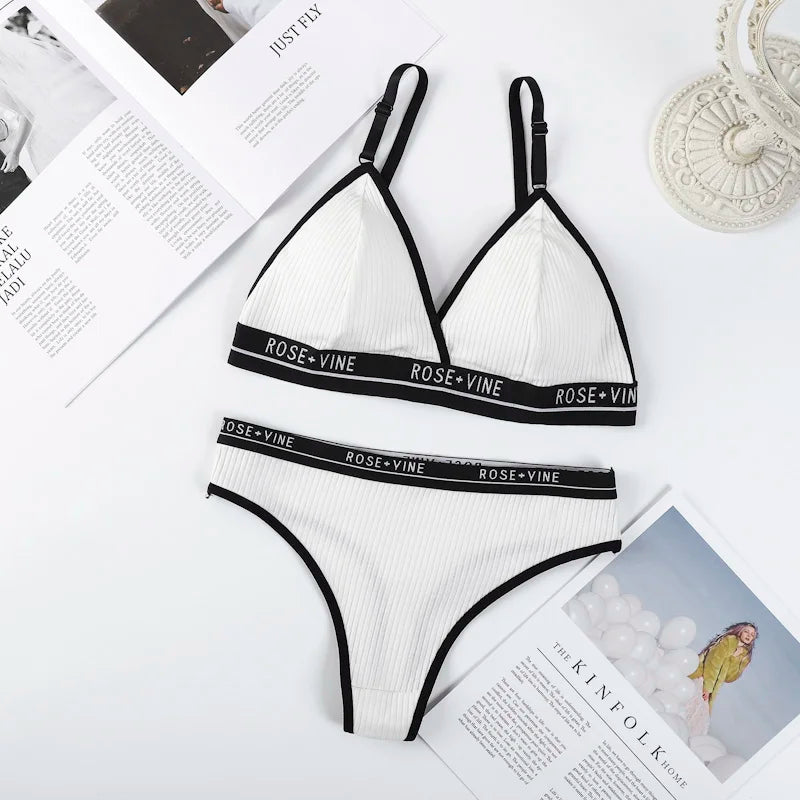 Women Cotton Bra Low Waist Panties Lingerie Set Letter Print Push Up Bras