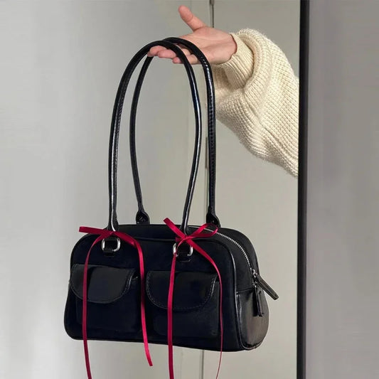 Womens Shoulder Bag Soft Suede with PU Leather Bowling Handbag Casual