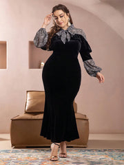 Women Plus Size Maxi Dresses Black Ladies Stand Collar Fishtail Dress