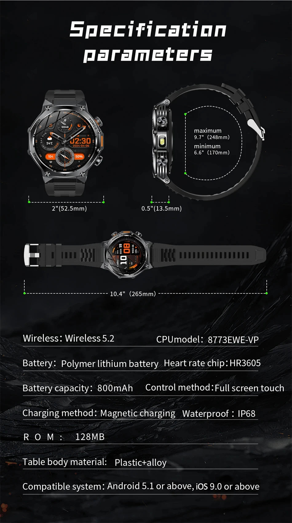 Rugged Outdoor Sports AK82 Smartwatch 1.85" HD Touchscreen 800mAh Long Battery Life Fitness Tracker Calorie Distance Smart Watch