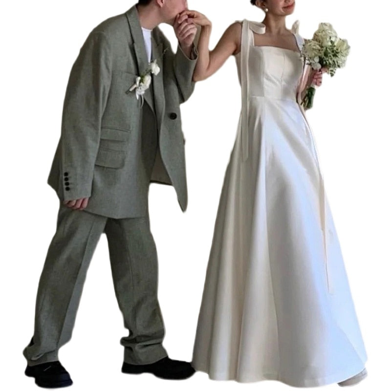 White Bridesmaid Dresses: Wedding Dress Square Collar Floor-length A-line Satin