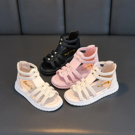 Girls Roman Sandals Open Toe Braided Solid Color High-top Simple Rivets
