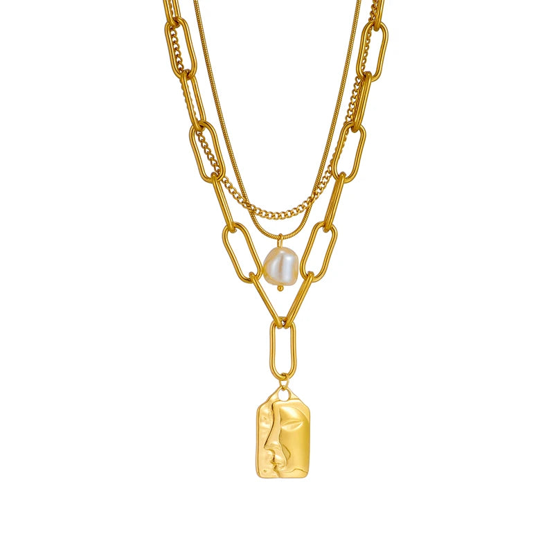 Stainless Steel 3-Layer Pearl Square Portrait Pendant Necklace For Women Punk Street