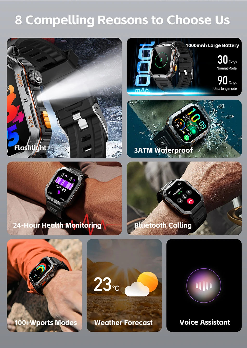 New 1000mAh Battery Outdoor Sports Smart Watch 2.01 inch HD Screen LED Flashlight Bluetooth Talking SmartWatches For Men Women