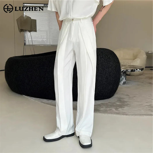 Fashion Pleat Design Casual Pants Men's Solid Color Straight Loose Spring