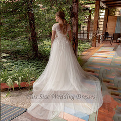 Wedding Dresses Plus Size Jewel Neck Short Sleeves Bride Gowns