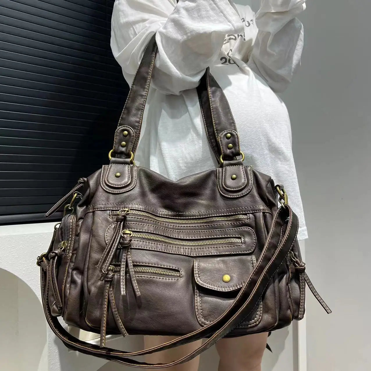 Y2K Single Shoulder Crossbody Bag Vintage Washed Leather Motorcycle Bag