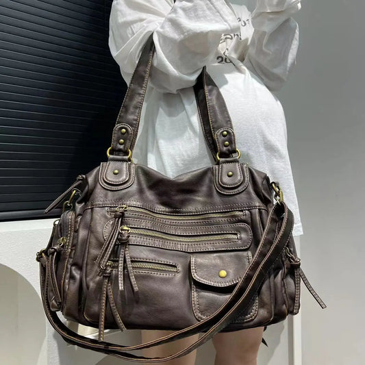 Y2K Single Shoulder Crossbody Bag Vintage Washed Leather Motorcycle Bag
