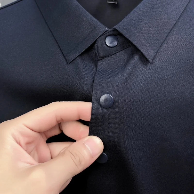 Luxury Quality Men's Polo Shirt No Trace Simple Solid Color Geometric Print Long Sleeve Autumn Lapel T-Shirt Business Menswear