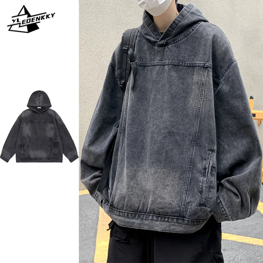 Denim Hooded Sweatshirts Men Women Washed Distressed Oversize Cowboy Jackets