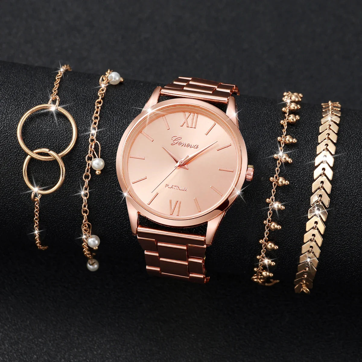 5PCS/Set Fashion Rhinestone Women's Watch Alloy Band Analog Quartz Watches Bracelets Set Reloj Mujer Girls Clock