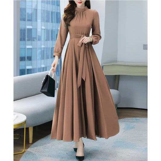 Plus Size Spring Autumn Women Maxi Dresses Female Vintage Full Sleeve Solid Casual Chiffon Dress Woman Bohemian Long Dresses