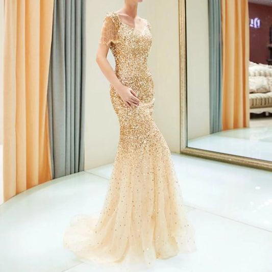 Formal attire Dresses: Women Mermaid Prom Long Dress Elegant Gold Sequins Dresses