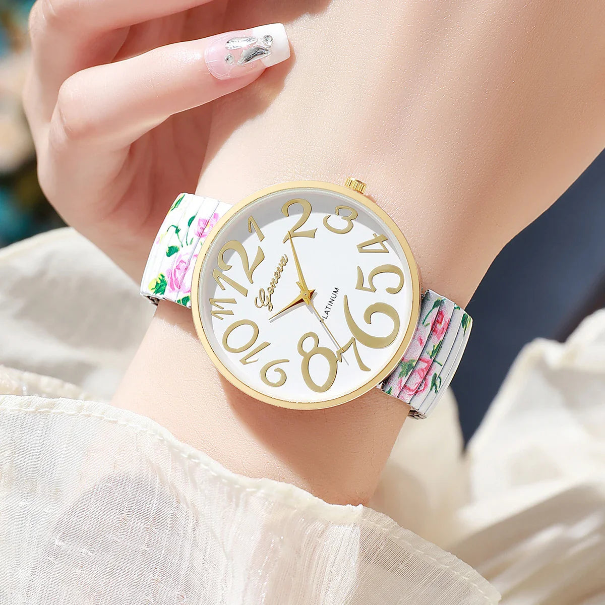 1/2/3/4PCS Fashion Flowers Printed Women Watch Luxury Elastic Strap Arabic Quartz Watches Reloj Mujer Girls Clock（Without Box）