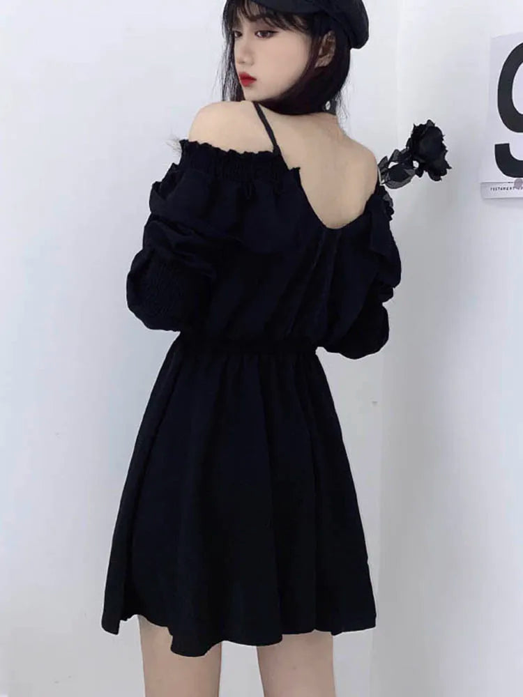 Formal attire Dresses: Women Black Mini Dress Off Shoulder High Waist Tunic Dress