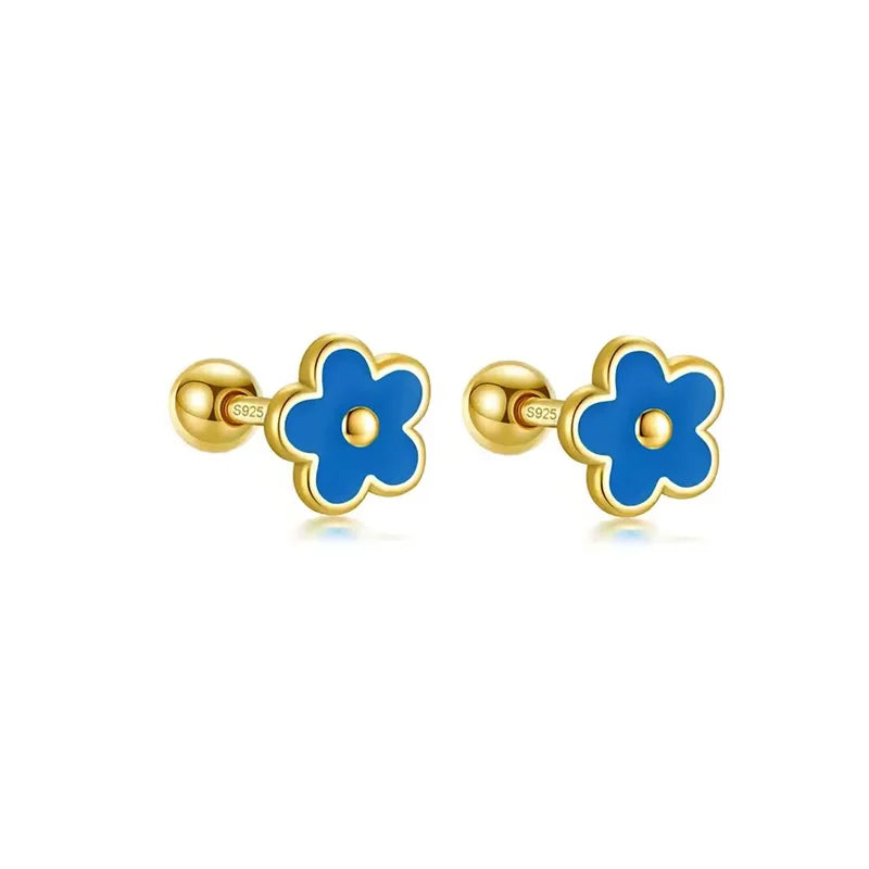WANTME 925 Sterling Silver Romantic White Enamel Flower Screw Bead Stud Earrings for Women Fashion Simple Piercing Jewelry Gift