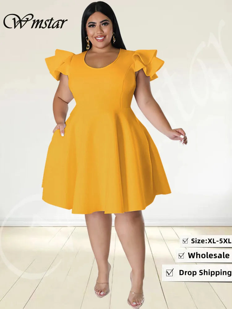 Wmstar Plus Size Dresses for Women Elegant Party  Solid Ruffles Sleeve Big Hem Midi Dress Hot Sale New Wholesale Dropshipping