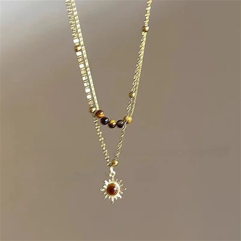 Vintage Leather Brown Stone Pendant Necklace Women's Retro Stacking Choker Temperament Clavicle Chain Hip Hop Jewelry Accessory