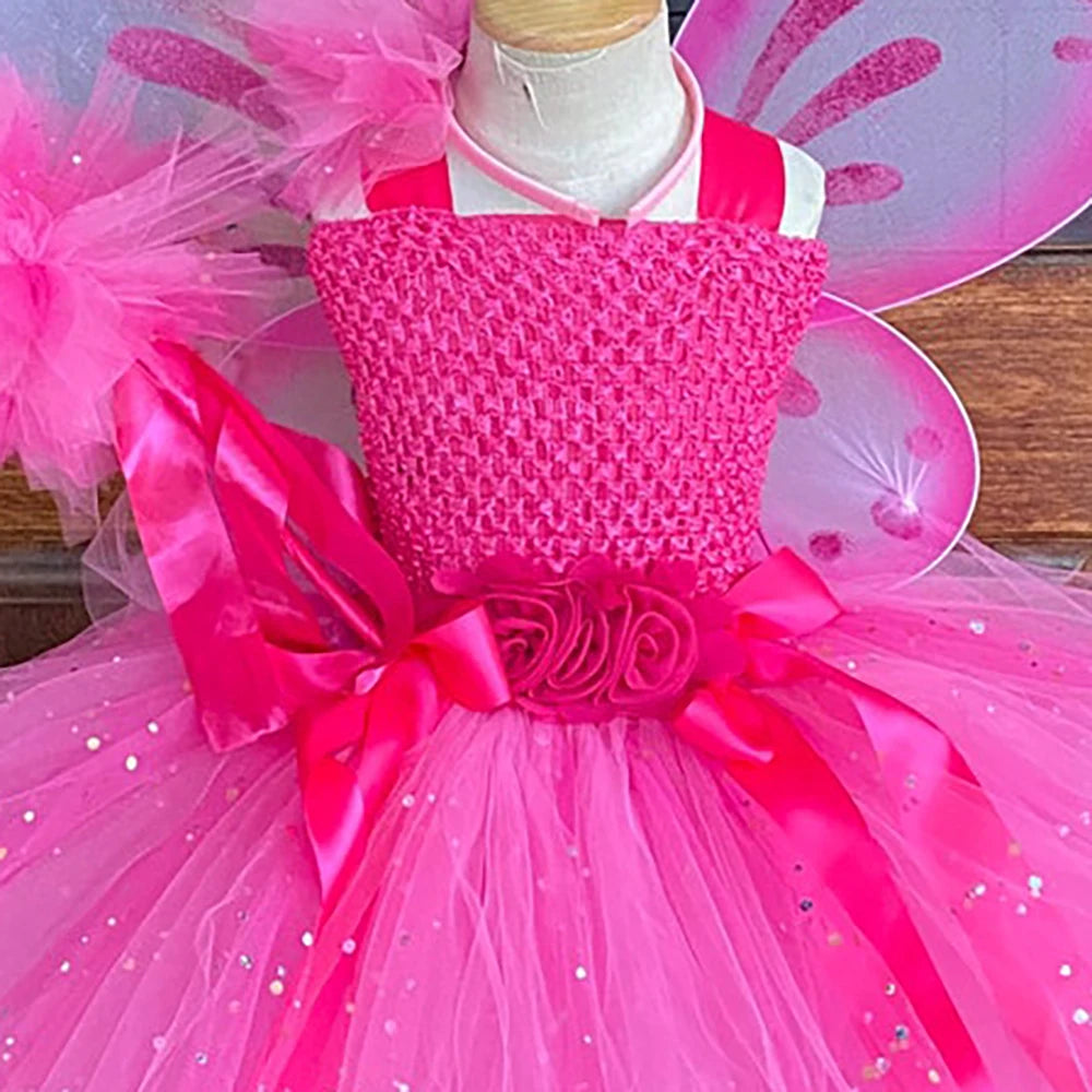 Girls Pink Glitter Tulle Dress Kids Butterfly Fairy Tutu Dresses with Wing