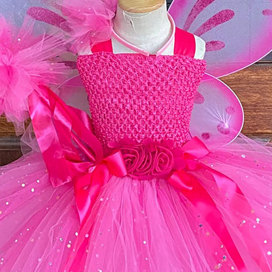 Girls Pink Glitter Tulle Dress Kids Butterfly Fairy Tutu Dresses with Wing