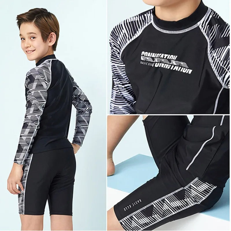 Three-piece Split Swimwear for Boys Teenage Swimsuit Kids Swim Trunks and Caps Long Sleeve Sun Protection Children Swimwear