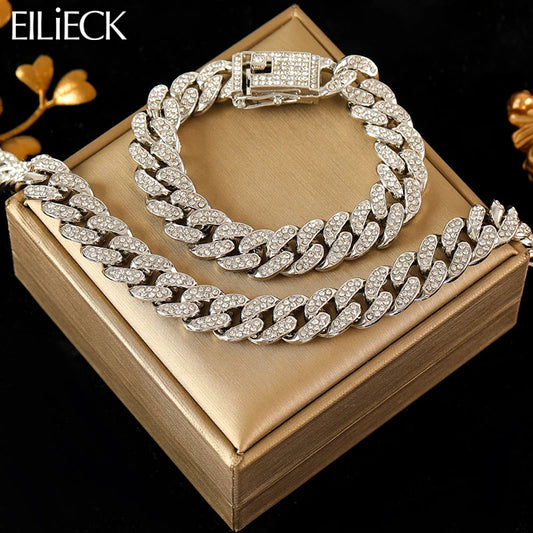 Silver Color Thick Cuban Necklace Bracelet Set For Women Punk Zircon