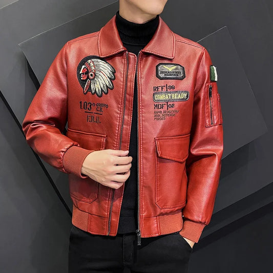 Casual Motorcycle Windbreaker Zip Lapel Collar Faux Leather Jacket Men