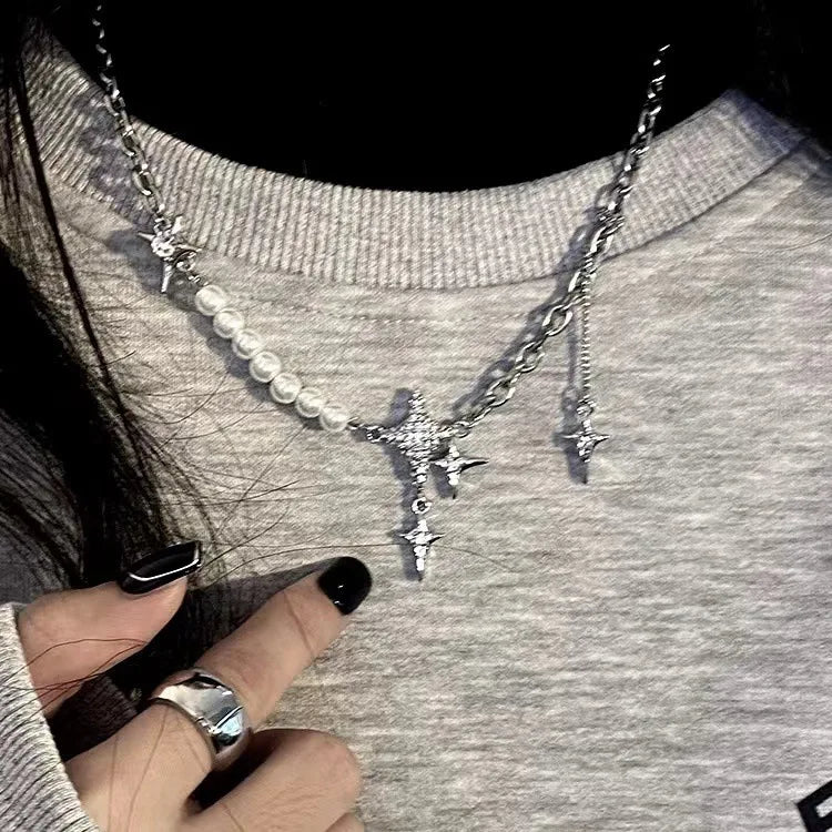 Y2K Retro Kpop Silver Color Pendant Necklaces For Women Gothic Zircon Heart Cross