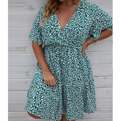 Plus Size Dress Woman Summer V Neck Short Sleeve Floral Print Casual