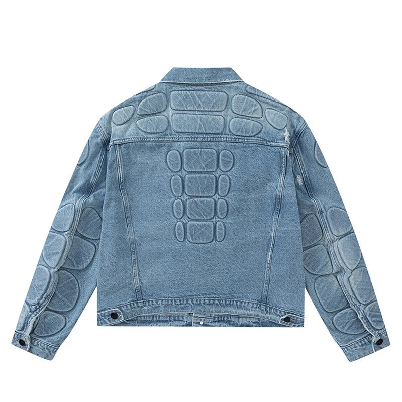 Retro Cargo Denim Jacket Man Gothic Turtle Shell Pattern Hip Hop Bomber Jackets