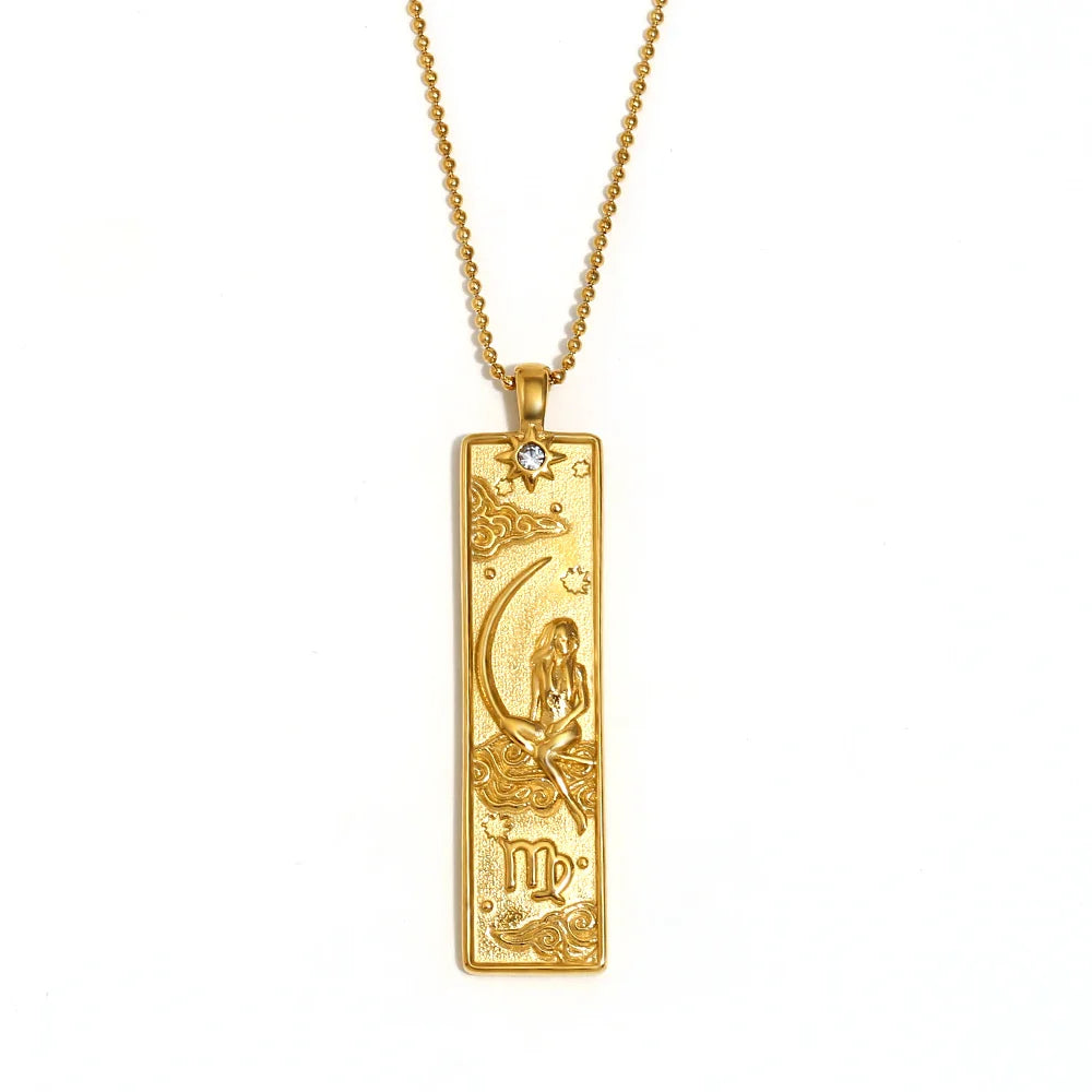 E.B.belle 18k Gold Plated Rectangle Shape 12 Constellation Pendant Necklace Stainless Steel Waterproof Fashion Women's Jewelry