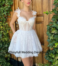 A Line Mini Wedding Dresses Sweetheart Lace Corset Bone Bride Party Gowns